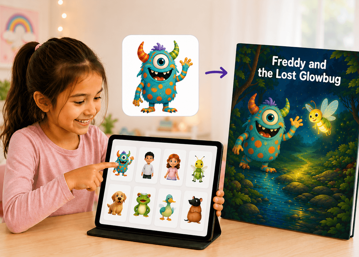 A girl choosing her saved character, Freddy the monster, from her character universe on a tablet — and Freddy starring on the cover of “Freddy and the Lost Glowbug”.