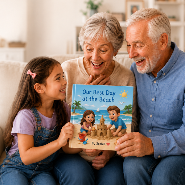 A child and her grandparents reading a personalised birthday storybook together.