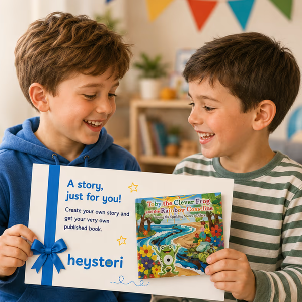 Two boys delighted by a HeyStori gift voucher with a personalised published storybook.
