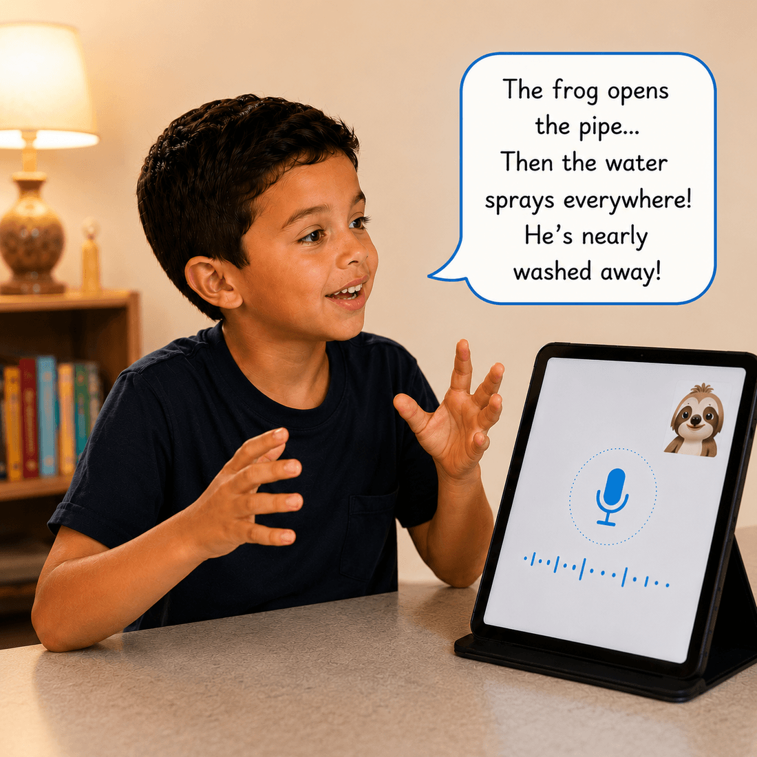 A boy speaking his story idea out loud — “The frog opens the pipe… he’s nearly washed away!” — while Stori listens on the tablet beside him.