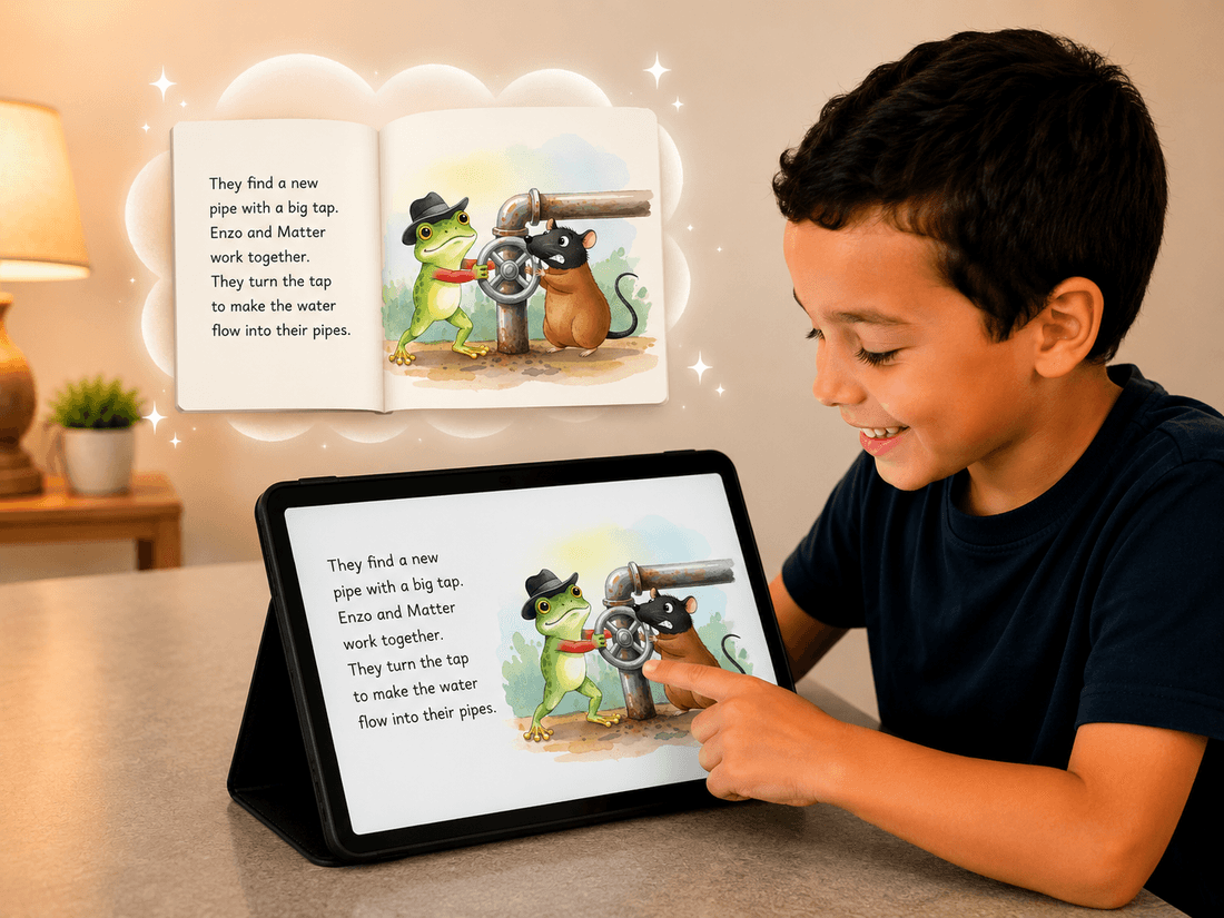A smiling boy looking at his finished storybook page on the tablet, the illustrated scene appearing above him in a thought cloud.