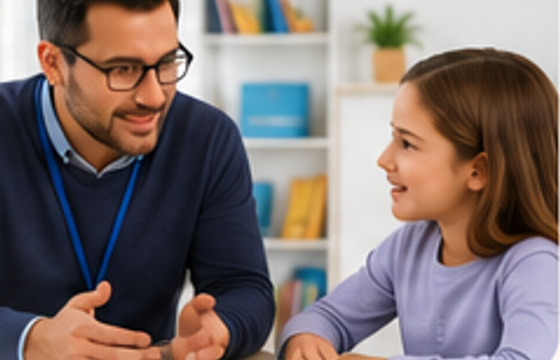 An educational psychologist and a child looking at a tablet together.