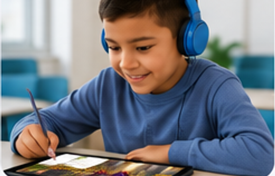 A child wearing headphones enjoying a story on a tablet.