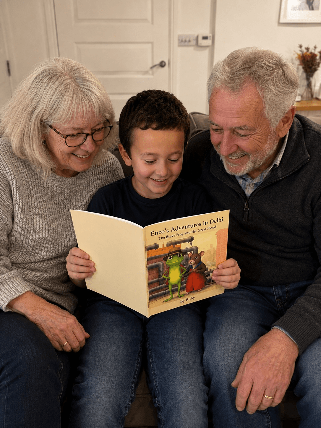 A boy reading his finished HeyStori book on the sofa with his grandparents, all sharing the open pages together.