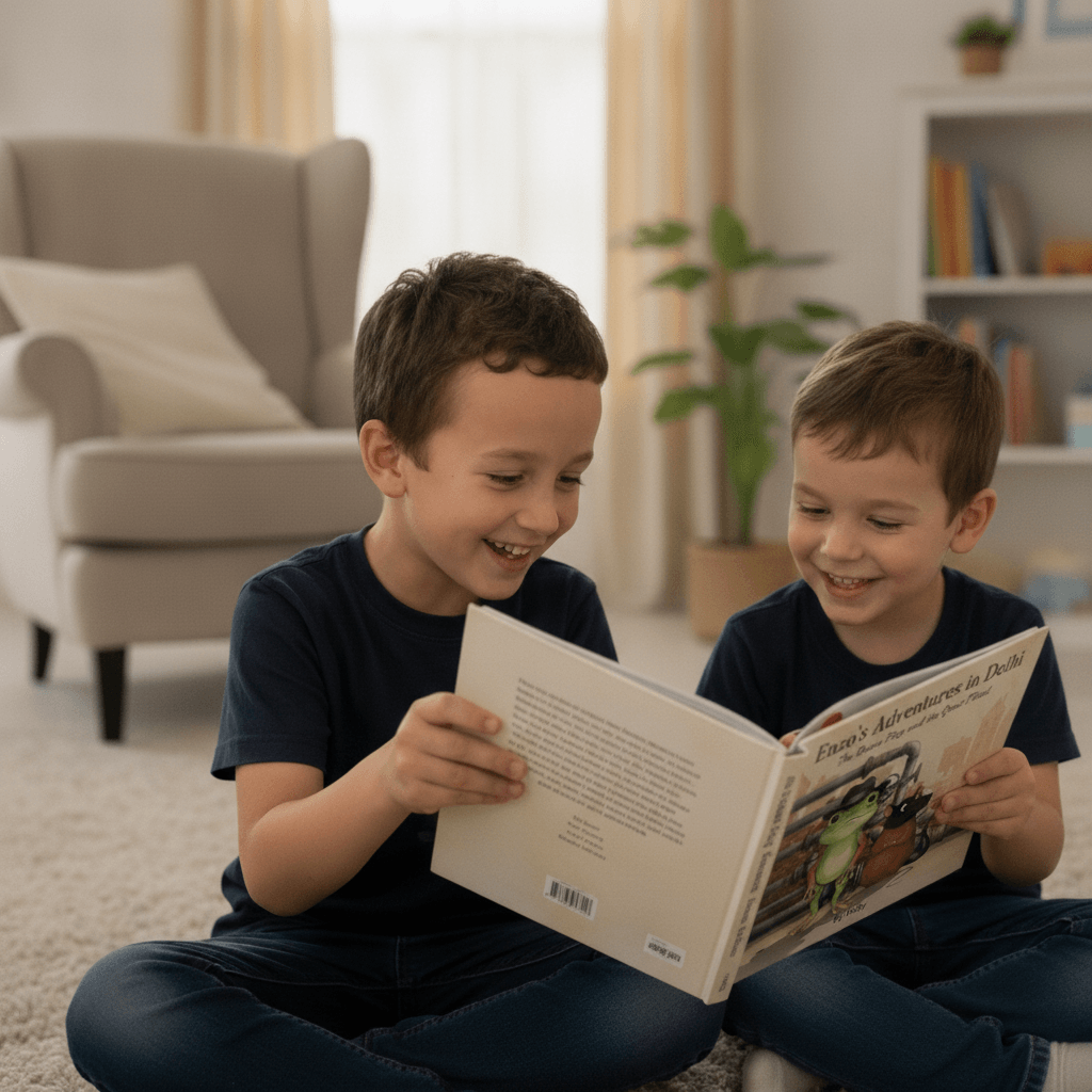 A boy excitedly showing and talking about his finished HeyStori book with a friend at home.