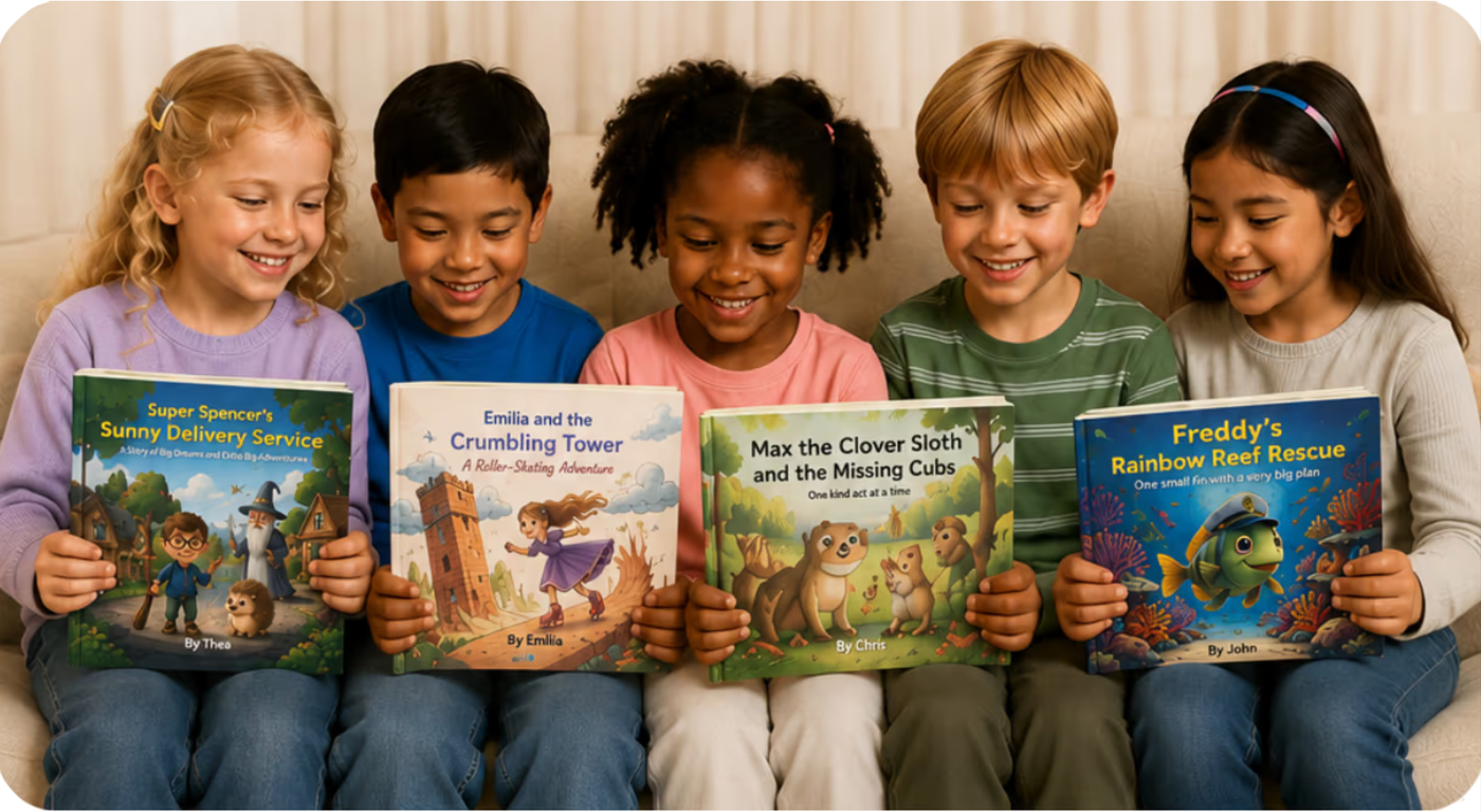 Five children sitting together on a sofa, each proudly holding their own personalised, illustrated storybook.