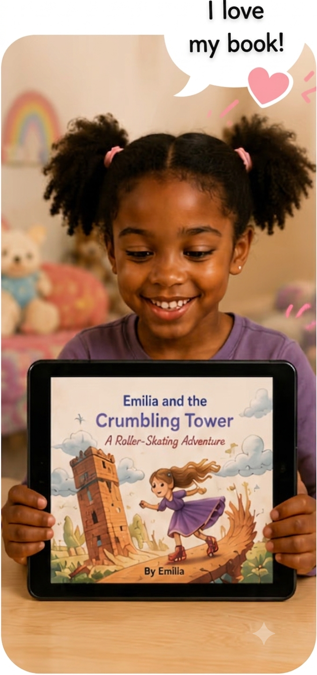 A girl beaming at her book “Emilia and the Crumbling Tower” on a tablet, with a speech bubble saying “I love my book!”.
