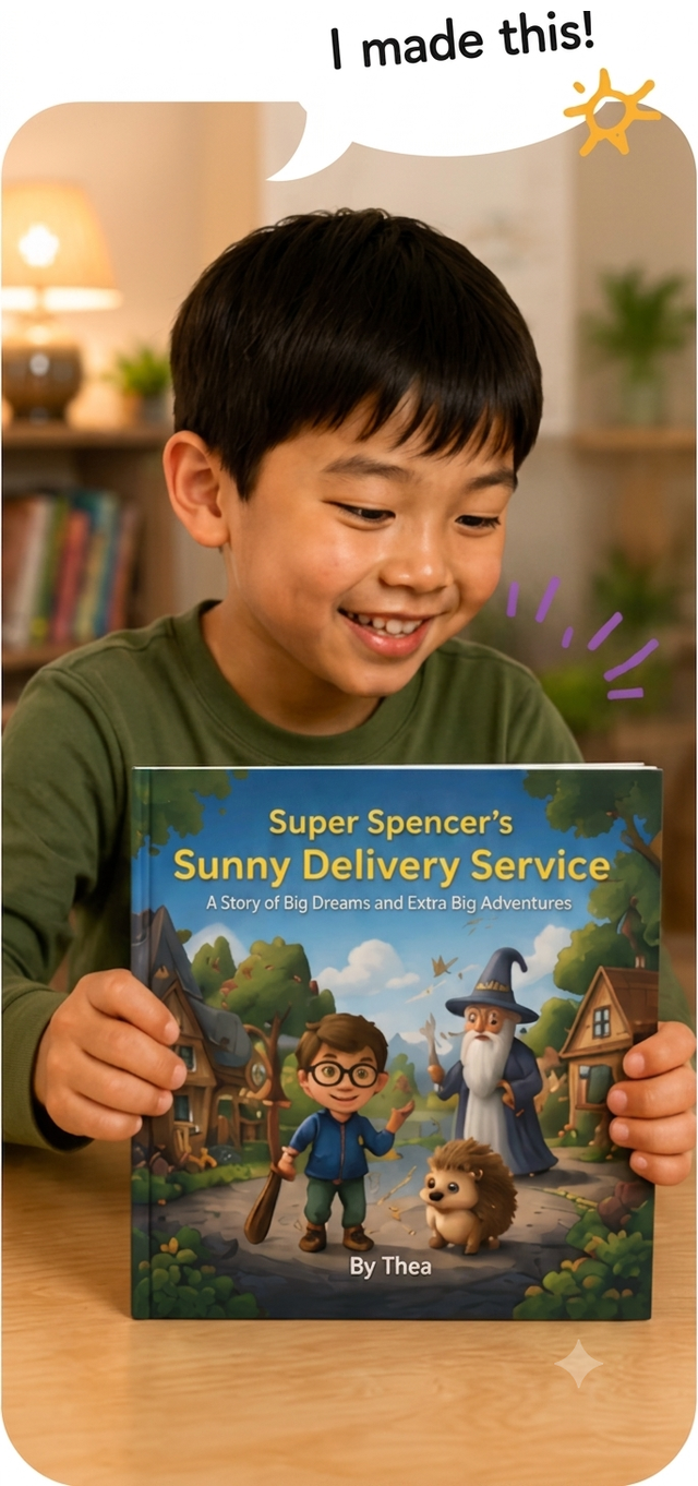 A boy proudly holding his printed book “Super Spencer’s Sunny Delivery Service”, with a speech bubble saying “I made this!”.