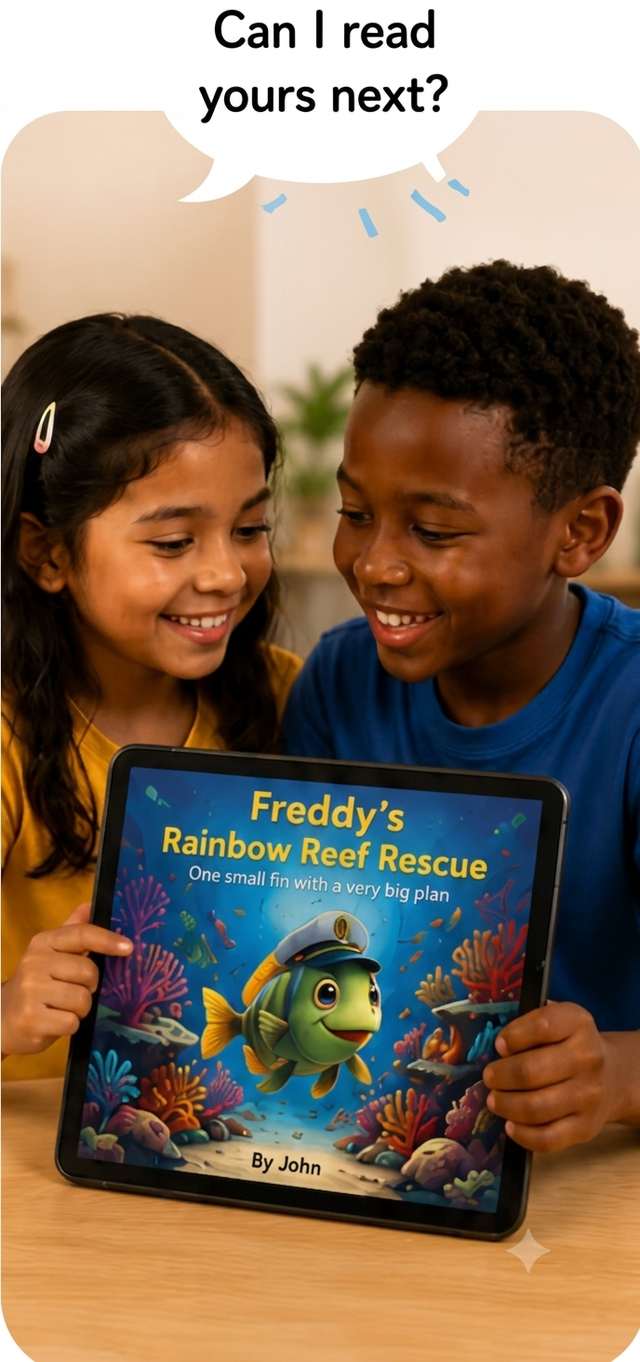 Two children sharing “Freddy’s Rainbow Reef Rescue” on a tablet, with a speech bubble saying “Can I read yours next?”.